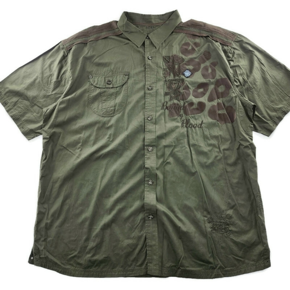 Parish Nation Olive Green Short Sleeve Embroidered Logo Button Down Shirt 5XL